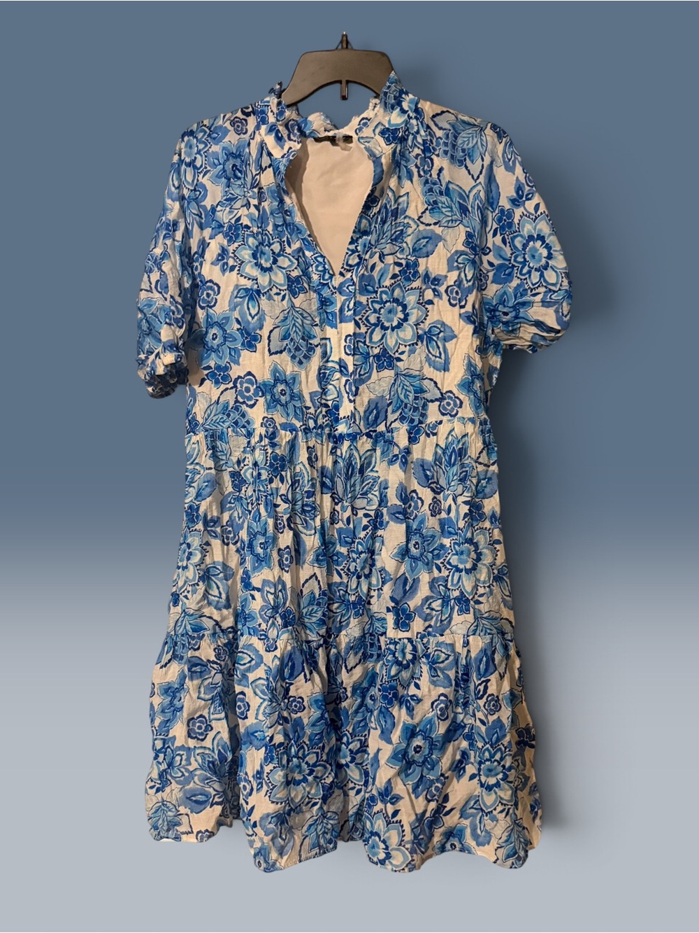 1. State Blue and White Floral Ruffle Dress